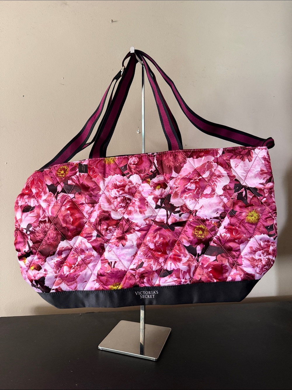 Victoria's Secret Pink Floral Quilted Tote with Black Trim.